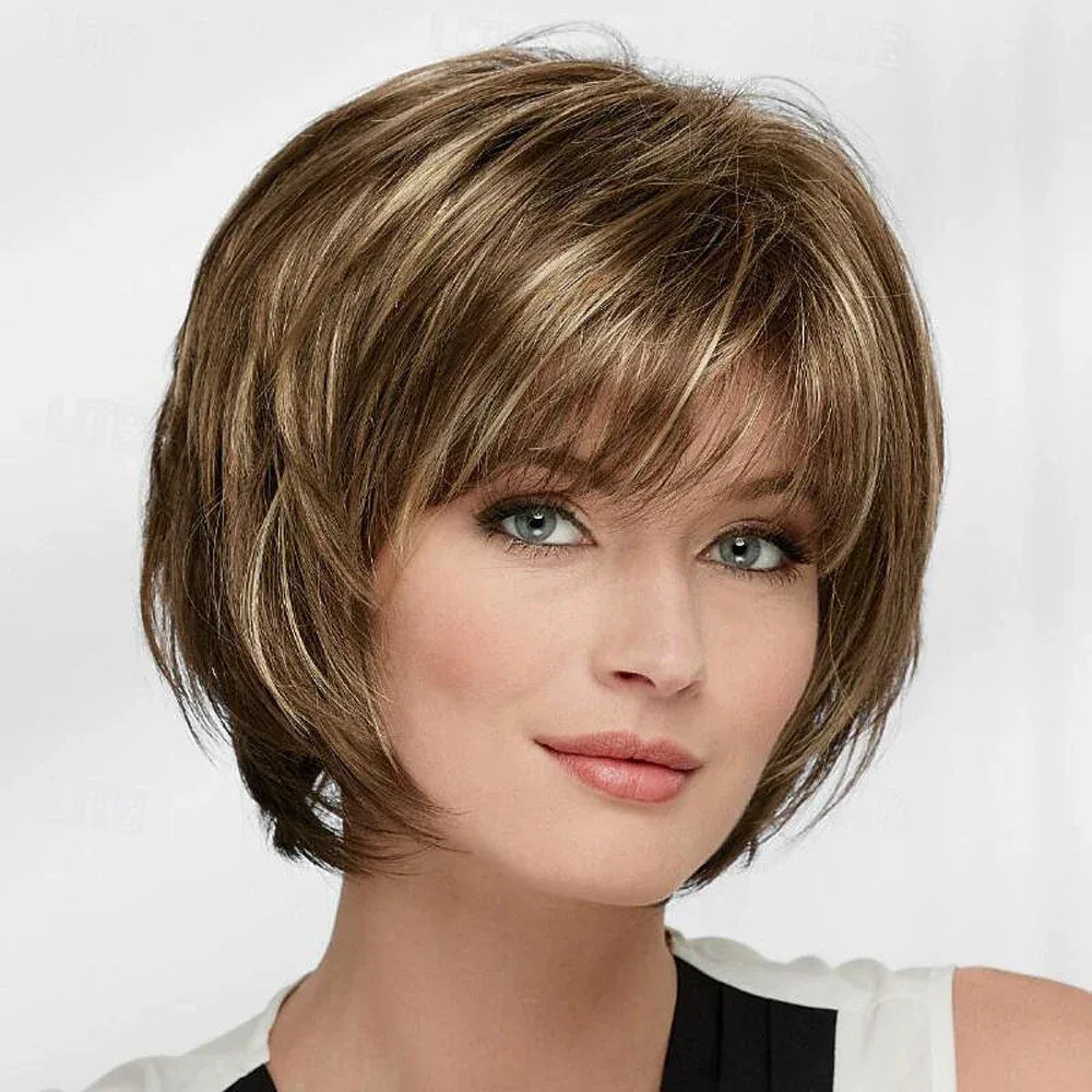 HAIRJOY Short Straight Wigs for Women - Synthetic Mixed Brown Wigs with Bangs on a woman with a stylish bob haircut.