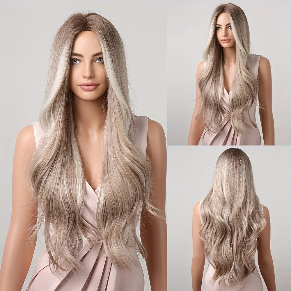 28 Inch Synthetic Wig Light Brown with Highlights - Long Wavy Hair for Everyday and Party Looks S8adf74dfc5c548f0a04eb6f0992fca490