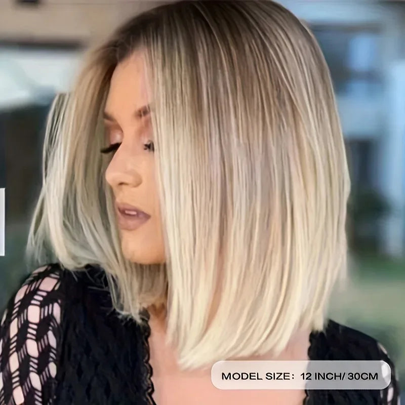 Ombre Blonde Bob Wig for Women - Short Straight Synthetic Hair with Brown Blonde Highlights for Cosplay and Daily Wear - Wig LC2099-1