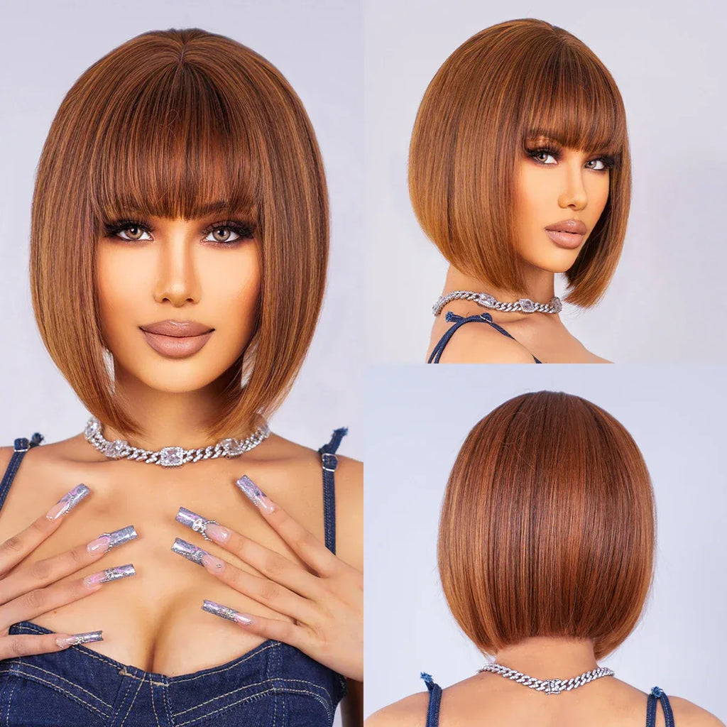 Ombre Blonde Bob Wig for Women - Short Straight Synthetic Hair with Brown Blonde Highlights for Cosplay and Daily Wear - Wig LC2071-2