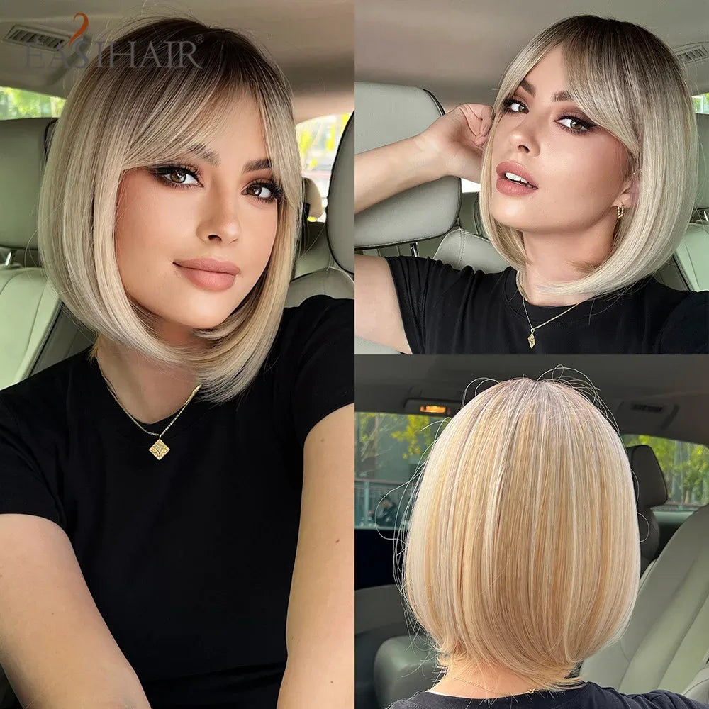 Synthetic Bob Wigs for Women - Short Straight Light Blonde Beige Natural Hair Wigs for Daily Cosplay, Heat Resistant Wig-SS176-1 S8db11d64092a40a995804264cb5f208a2