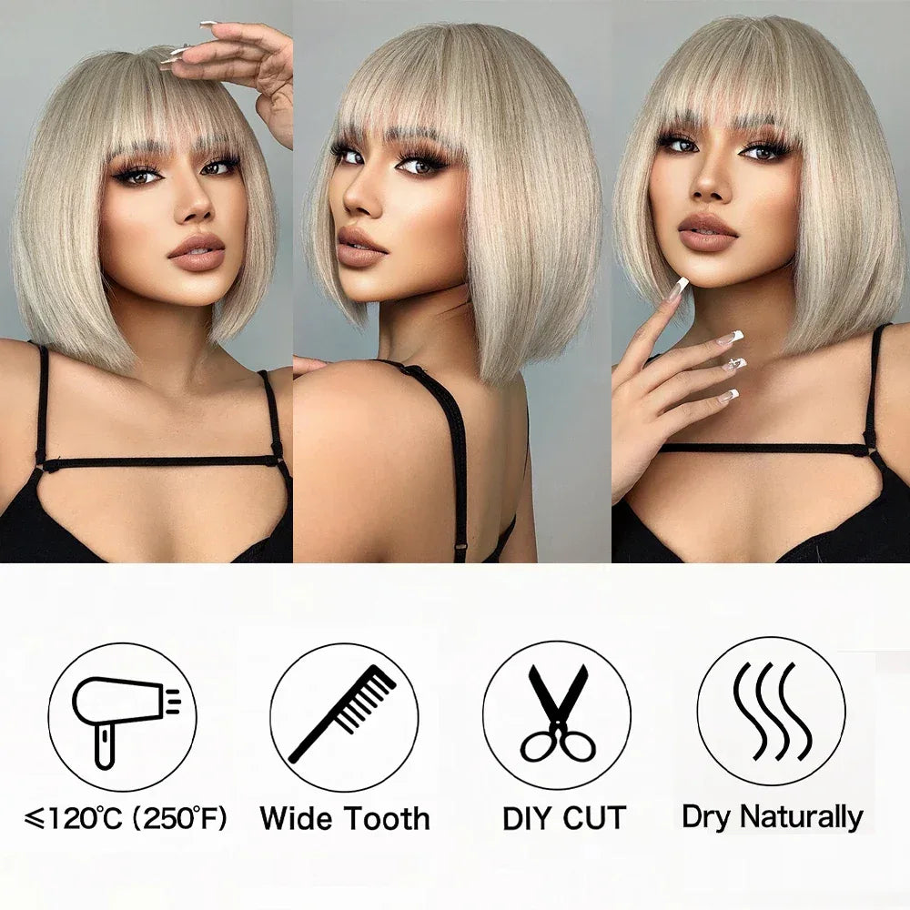 Synthetic Bob Wigs for Women - Short Straight Light Blonde Beige Natural Hair Wigs for Daily Cosplay, Heat Resistant - Wig-LC2054-1