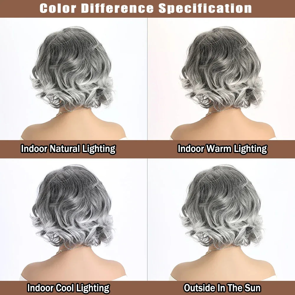 Short Grey Ombre Curly Wig with Bangs - Soft Mommy Hair for Daily Use and Costume Parties color difference specification