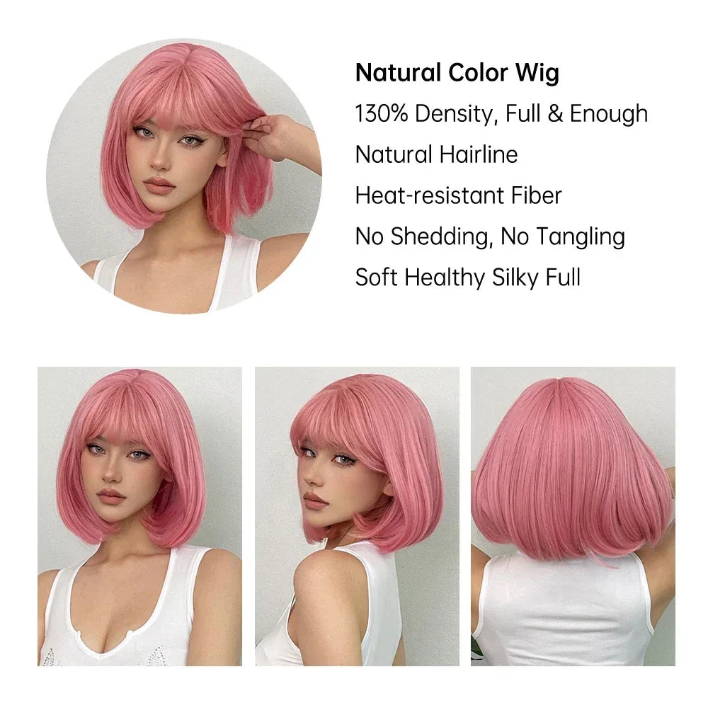 LOUIS FERRE Pink Straight Bob Wig for Women - Short Synthetic Wig with Bangs, Cute Heat Resistant Cosplay Hairstyle