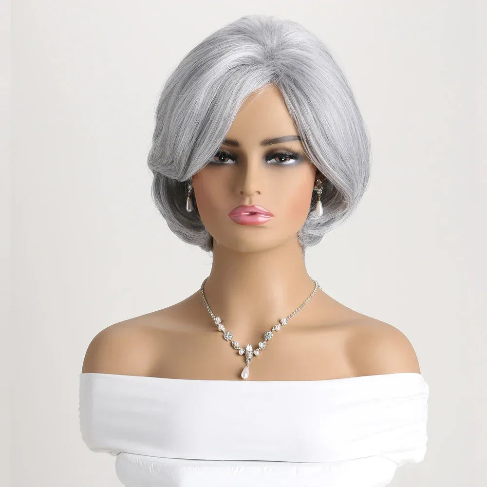 Short Grey Ombre Curly Wig with Bangs - Soft Mommy Hair for Daily Use and Costume Parties on mannequin bust.
