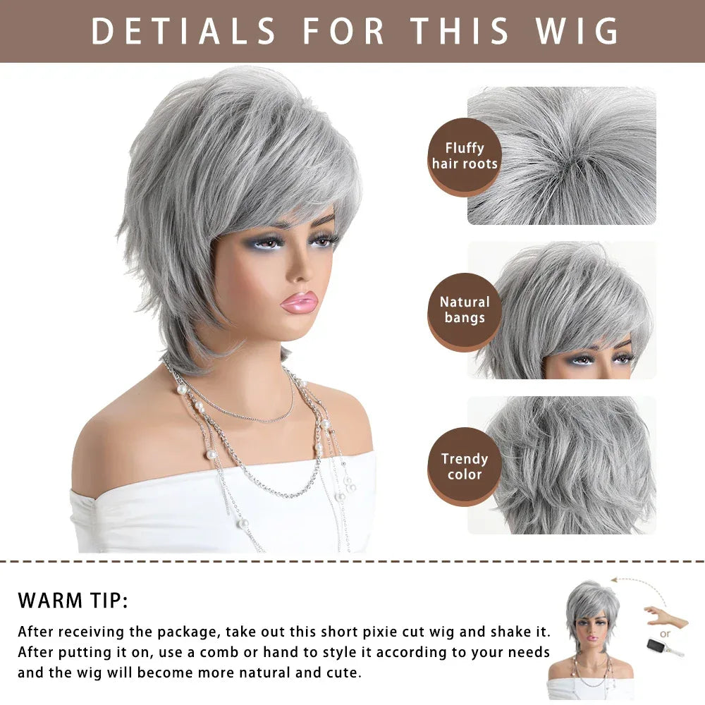 Short Natural Wigs with Bangs - Soft Brown Ombre Curly Synthetic Hair for Daily Use and Costume Parties Sa651a8e85faf489282948da722c8eb29Q