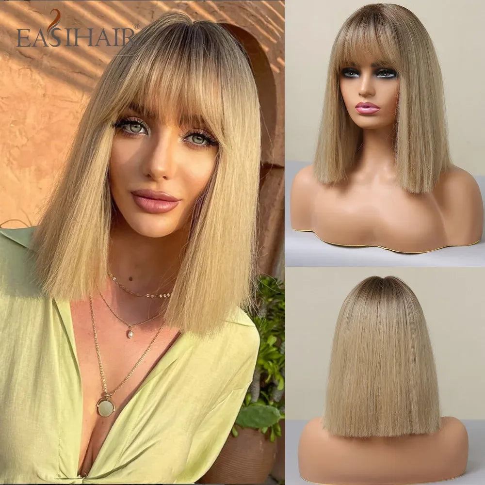 Synthetic Bob Wigs for Women - Short Straight Light Blonde Beige Natural Hair Wigs for Daily Cosplay, Heat Resistant - Wig-SS152-4