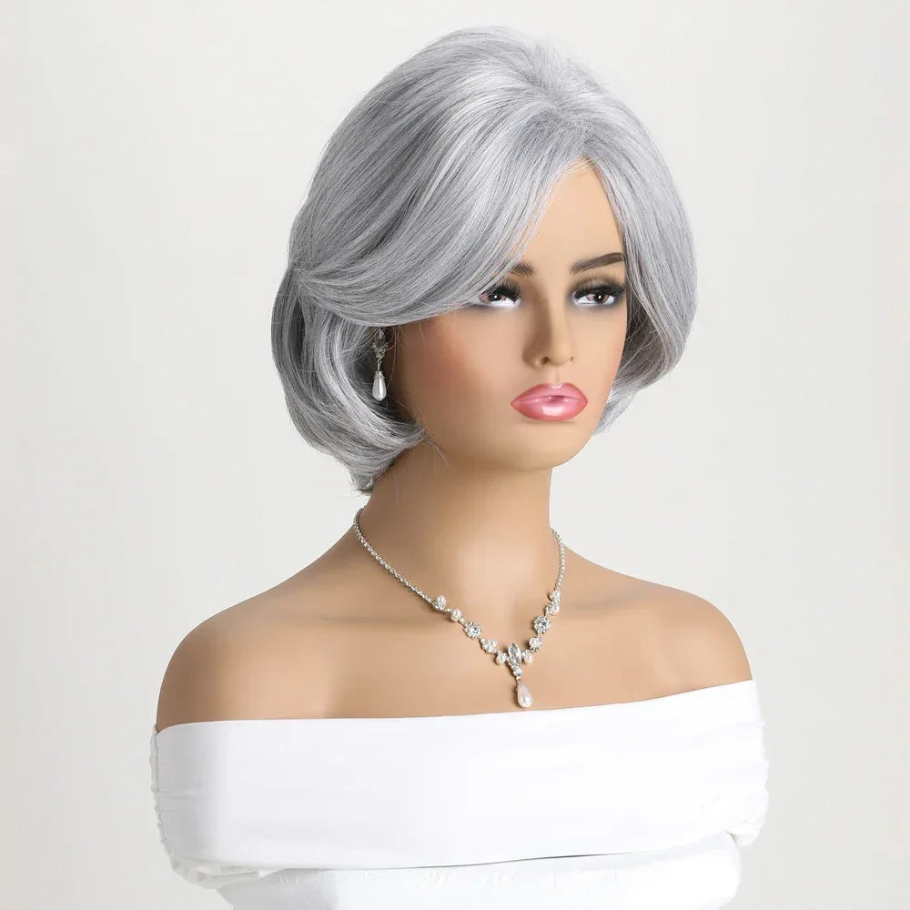 Short Grey Ombre Curly Wig with Bangs - Soft Mommy Hair for Daily Use and Costume Parties