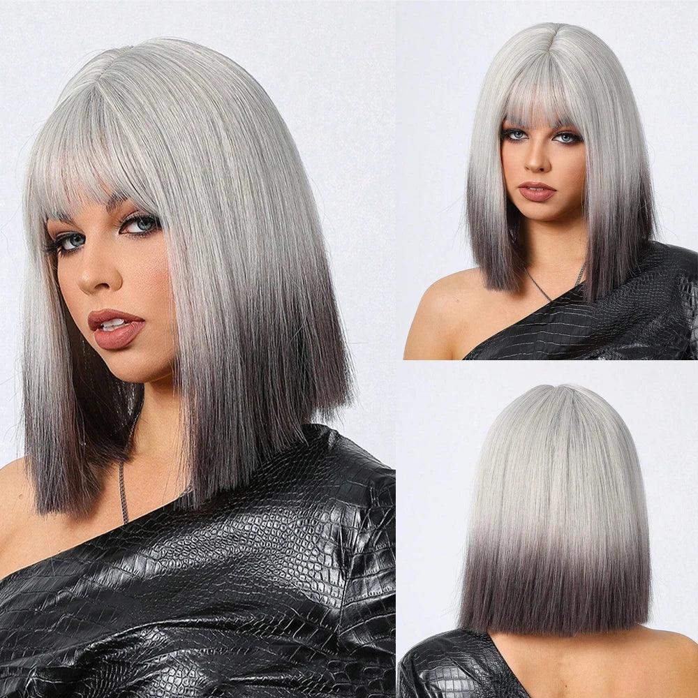 Ombre Blonde Bob Wig for Women - Short Straight Synthetic Hair with Brown Blonde Highlights for Cosplay and Daily Wear - Wig LC2099-1