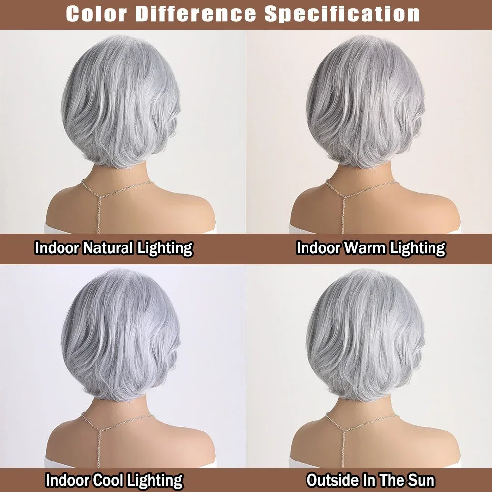 Short Grey Ombre Curly Wig with Bangs - Soft Mommy Hair for Daily Use and Costume Parties color differences in various lighting.