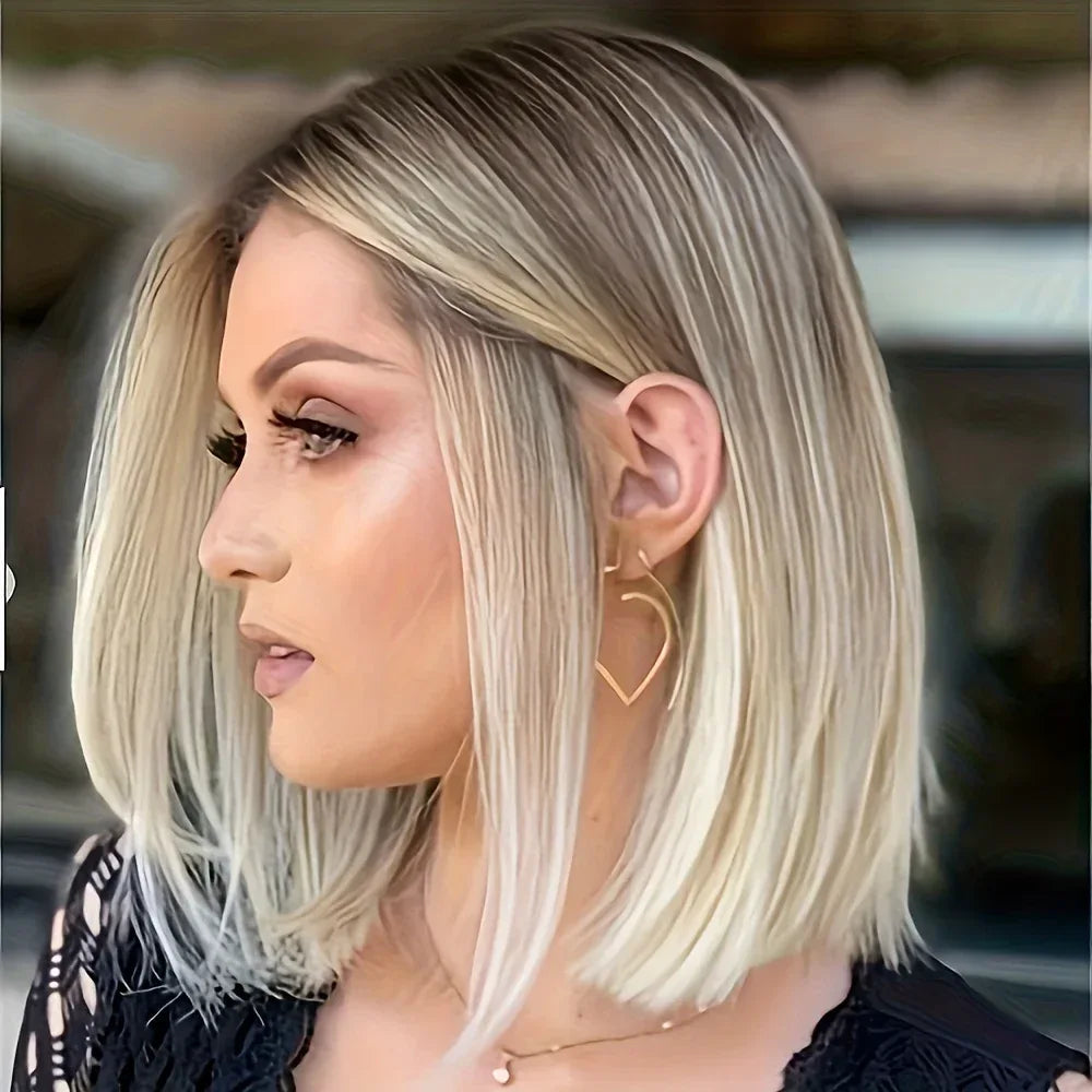 Ombre Blonde Bob Wig for Women - Short Straight Synthetic Hair with Brown Blonde Highlights for Cosplay and Daily Wear - Wig LC2099-1