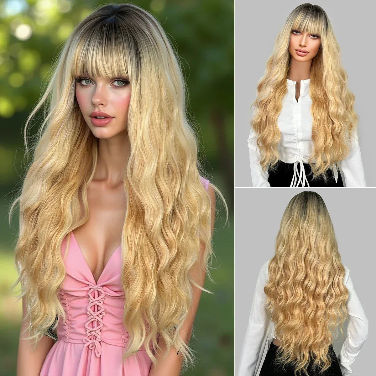 28 Inch Synthetic Wig Light Brown with Highlights - Long Wavy Hair for Everyday and Party Looks