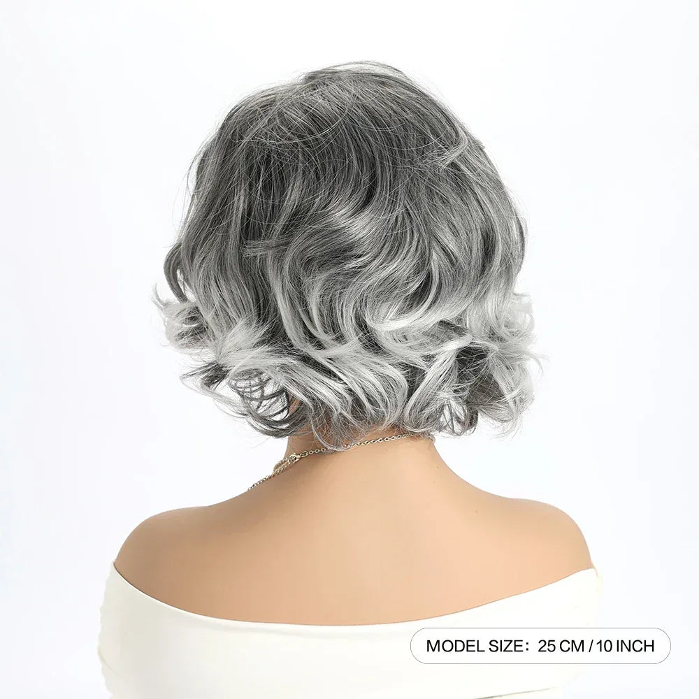 Short Grey Ombre Curly Wig with Bangs - Soft Mommy Hair for Daily Use and Costume Parties hairstyle view from the back.