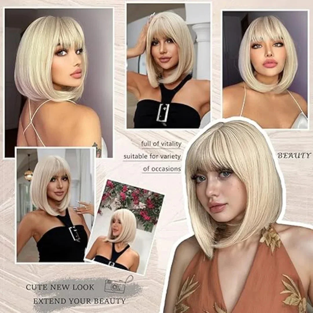 Synthetic Bob Wigs for Women - Short Straight Light Blonde Beige Natural Hair Wigs for Daily Cosplay, Heat Resistant - Wig-LC2054-1