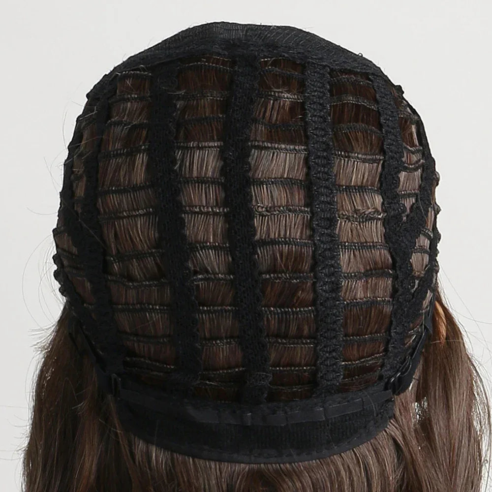 Short Brown Ombre Curly Wig with Bangs - Natural Synthetic Hair for Daily Use cap structure view.