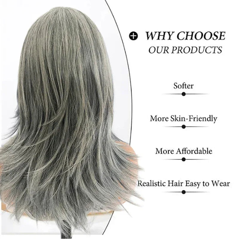 Silvery Gray Ombre Wig - Layered Short Wavy Bob with Curtain Bangs for Women - Natural Black / 22inches / 1pc
