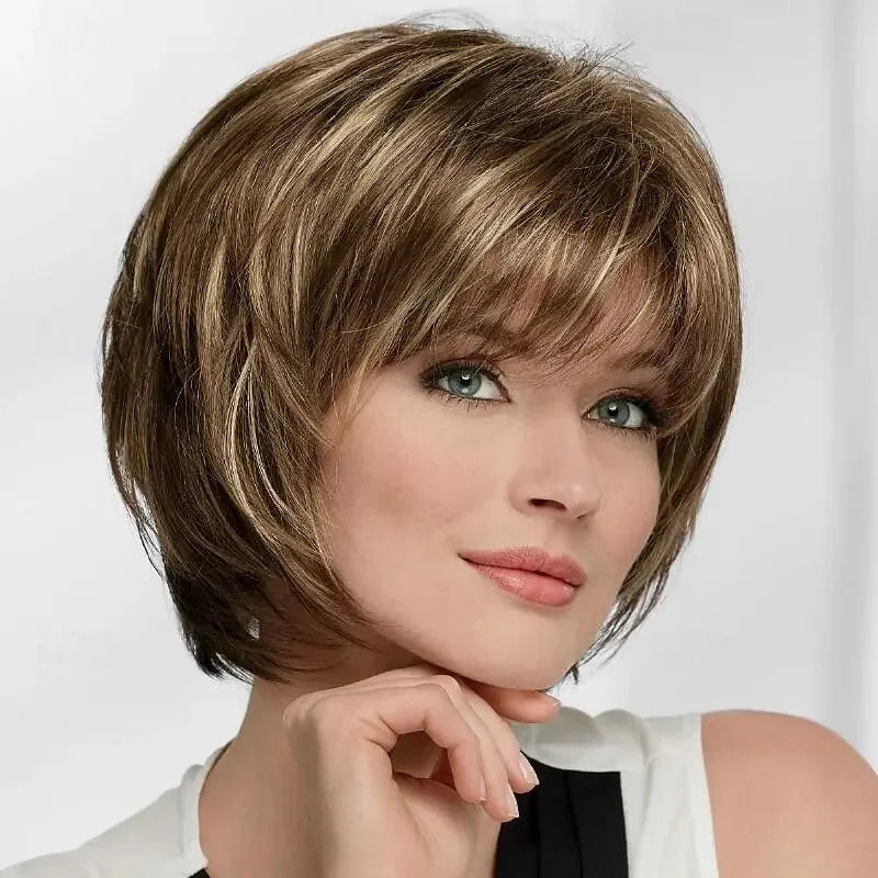 HAIRJOY Short Straight Wigs for Women - Synthetic Mixed Brown Wigs with Bangs on a model showcasing a stylish bob haircut.