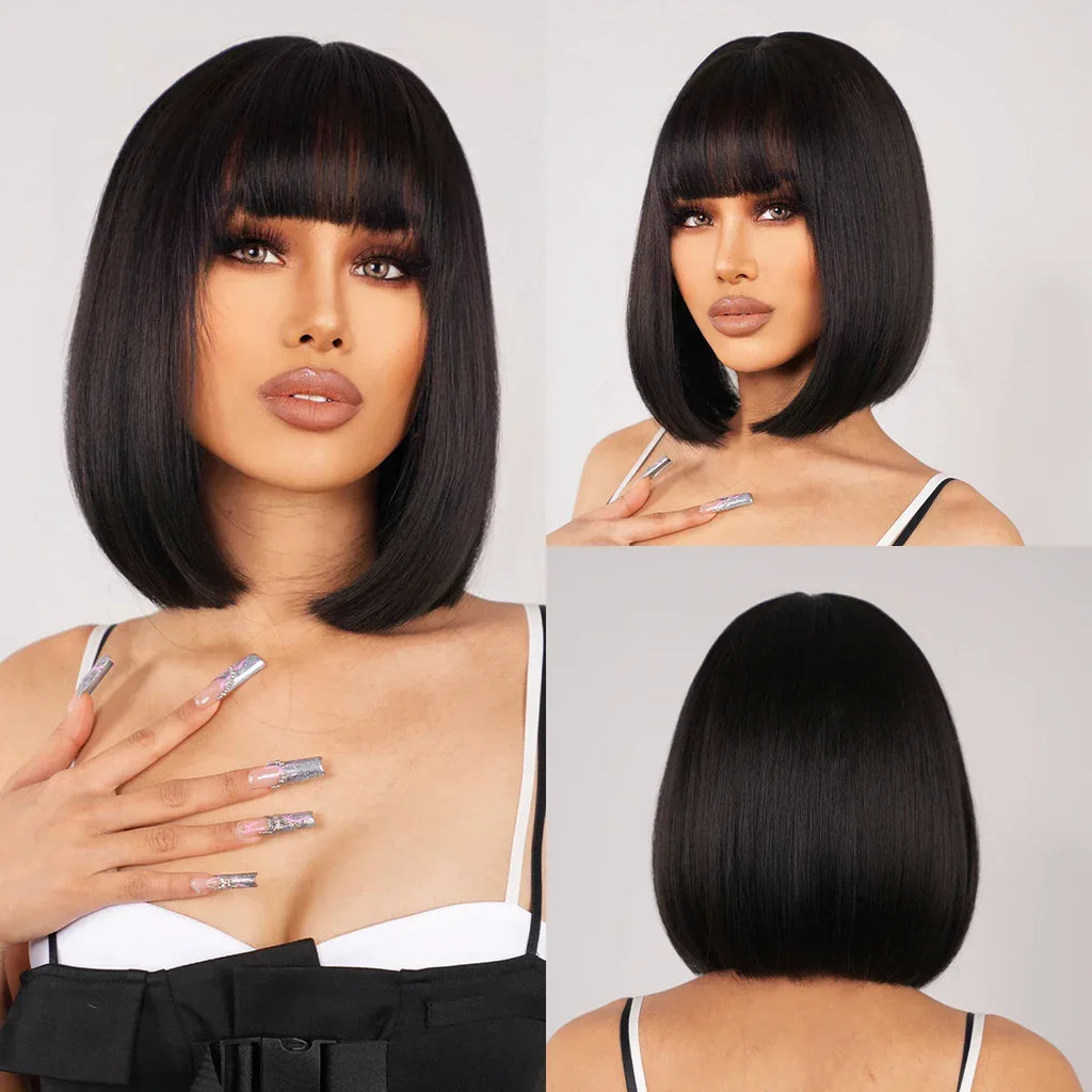 Ombre Blonde Bob Wig for Women - Short Straight Synthetic Hair with Brown Blonde Highlights for Cosplay and Daily Wear - Wig LC2099-1