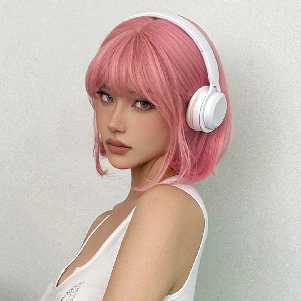 LOUIS FERRE Pink Straight Bob Wig for Women - Short Synthetic Wig with Bangs, Cute Heat Resistant Cosplay Hairstyle Sc60e43d589c5475c91b2d6b817f0863bT
