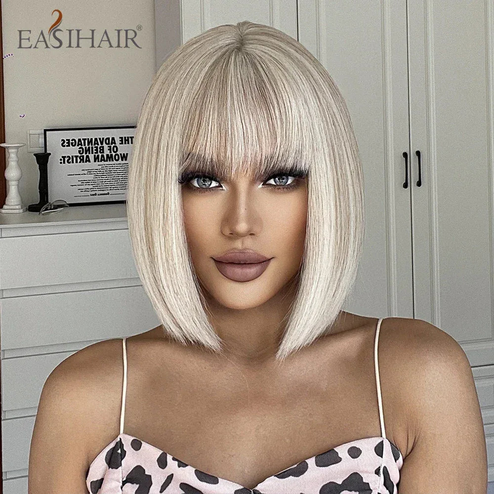Synthetic Bob Wigs for Women - Short Straight Light Blonde Beige Natural Hair Wigs for Daily Cosplay, Heat Resistant - Wig-LC2054-1