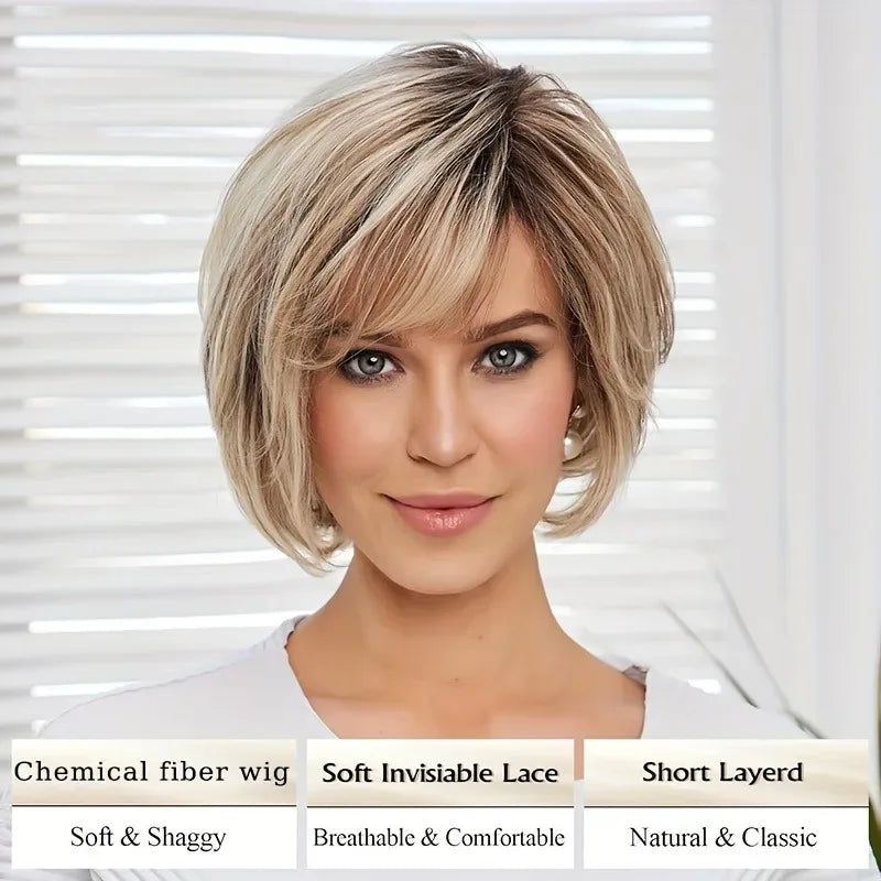 Highlighted Bob Short Straight Hair Wig for White Women's Daily Wear Accessories - khaki / 12inches / 1pc