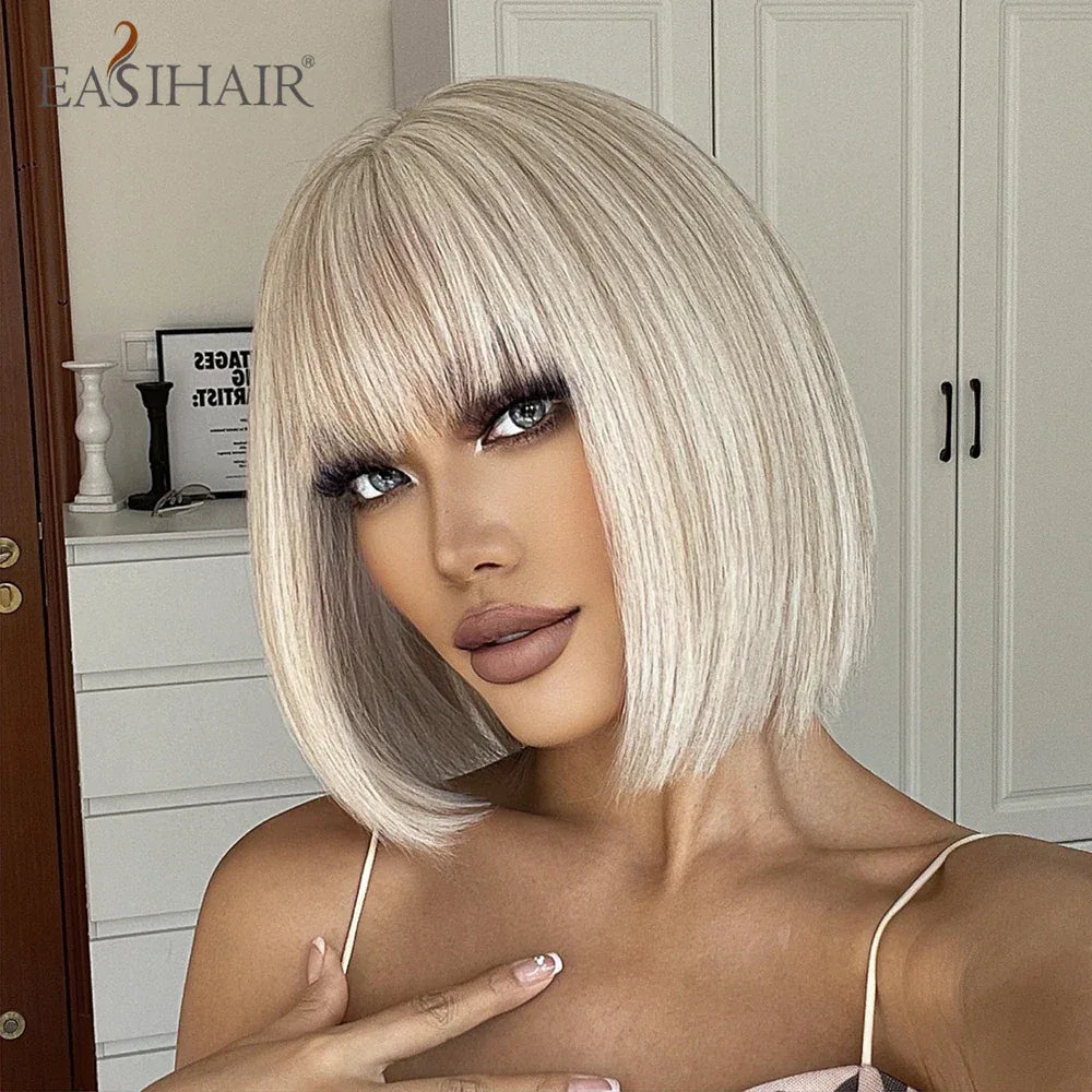 Synthetic Bob Wigs for Women - Short Straight Light Blonde Beige Natural Hair Wigs for Daily Cosplay, Heat Resistant - Wig-LC2054-1