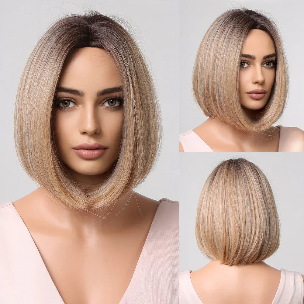 Ombre Blonde Bob Wig for Women - Short Straight Synthetic Hair with Brown Blonde Highlights for Cosplay and Daily Wear - Wig LC2099-1
