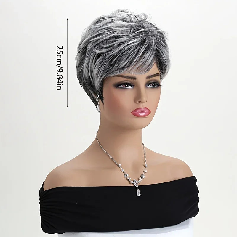 Light Gray Pixie Cut Wig - Thick Synthetic Hair with Rose Mesh Hat for Everyday Wear on a mannequin model.