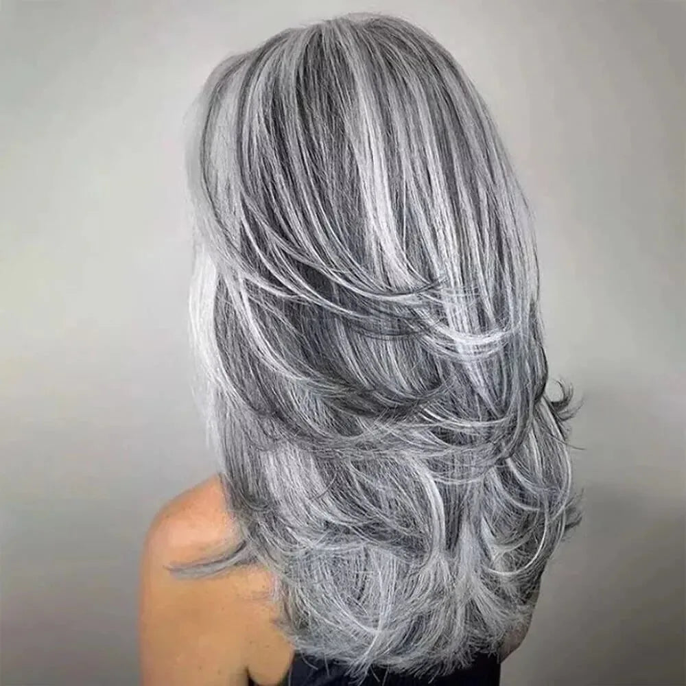 Silvery Gray Ombre Wig - Layered Short Wavy Bob with Curtain Bangs for Women - Natural Black / 22inches / 1pc