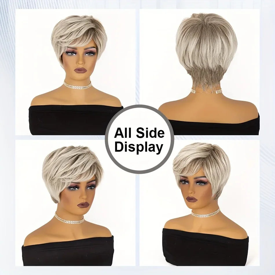 Gray Short Wig for women Daily Wear - Off-White Elf Tailoring, Deep Root Layered Synthetic Fiber Sd0809bbab4534332bc05d17f205e8aa6U