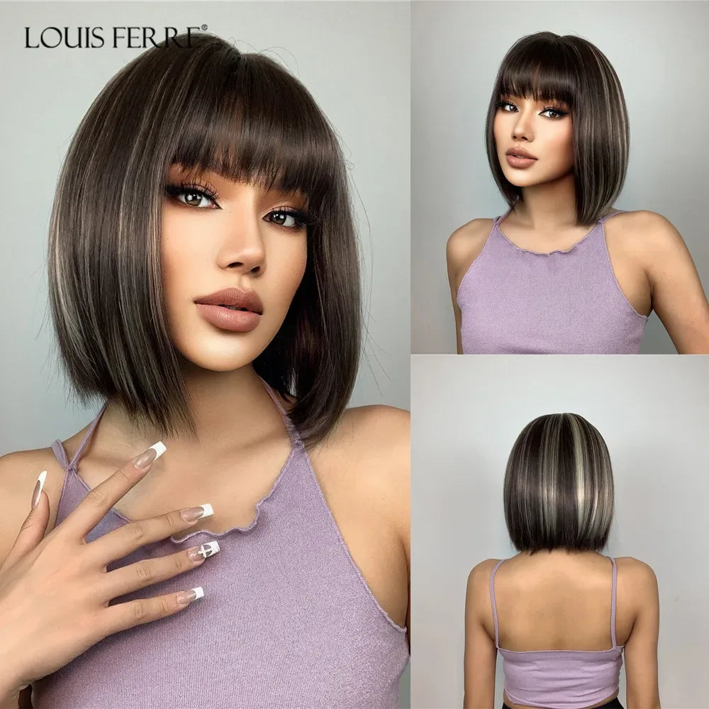 LOUIS FERRE Pink Straight Bob Wig for Women - Short Synthetic Wig with Bangs, Cute Heat Resistant Cosplay Hairstyle Sd225124611184ed384953b05eac8c9acV