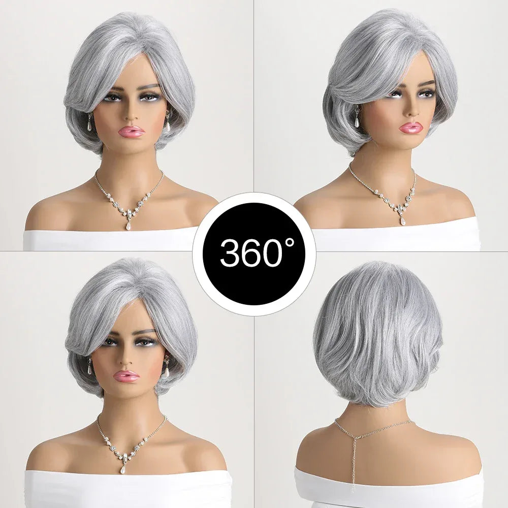 Short Grey Ombre Curly Wig with Bangs - Soft Mommy Hair for Daily Use and Costume Parties displayed in 360-degree view.