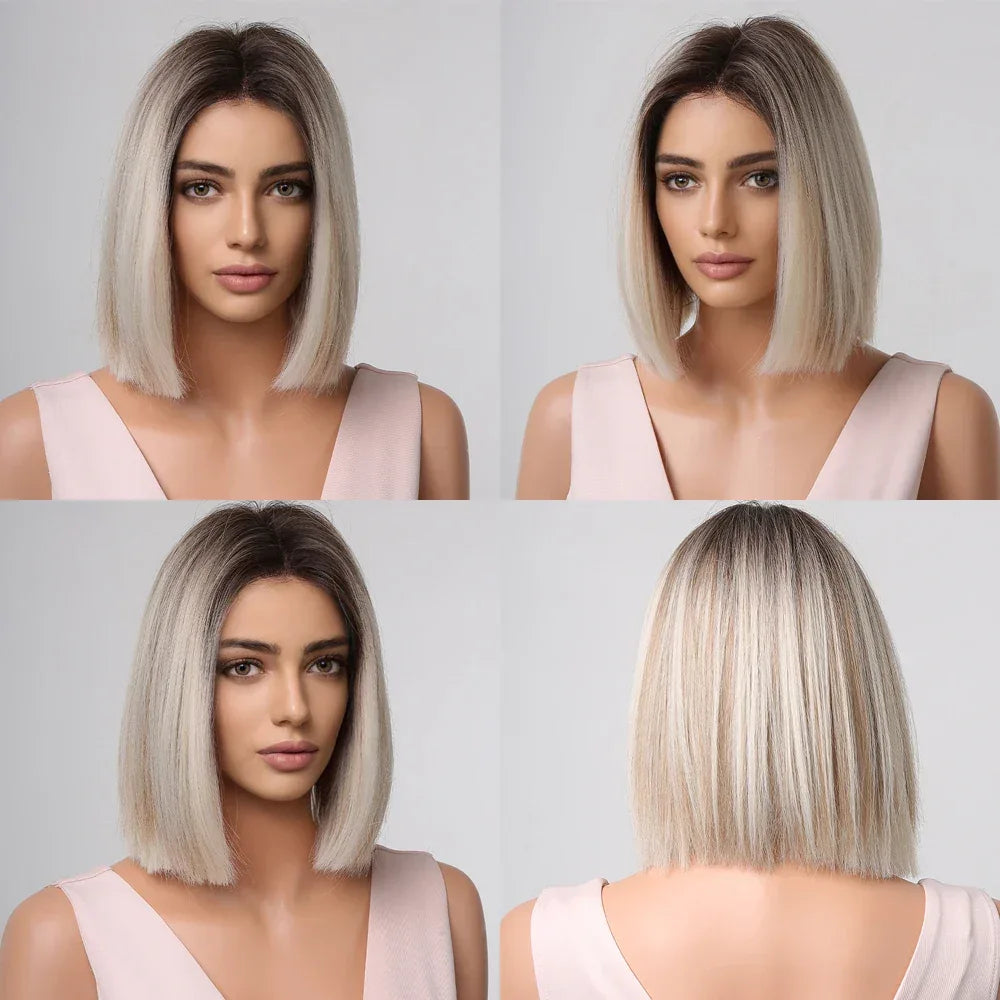 Ombre Blonde Bob Wig for Women - Short Straight Synthetic Hair with Brown Blonde Highlights for Cosplay and Daily Wear - Wig LC2099-1