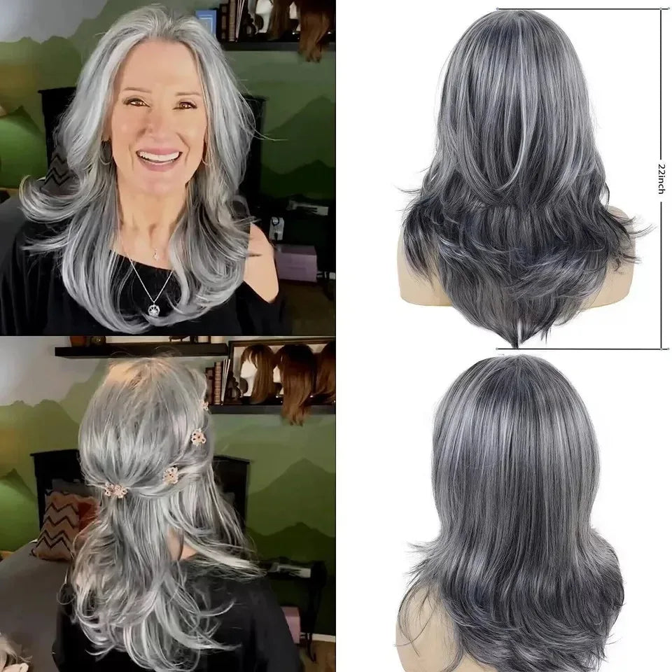 Silvery Gray Ombre Wig - Layered Short Wavy Bob with Curtain Bangs for Women - Natural Black / 22inches / 1pc