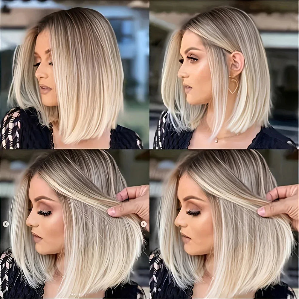 Ombre Blonde Bob Wig for Women - Short Straight Synthetic Hair with Brown Blonde Highlights for Cosplay and Daily Wear - Wig LC2099-1