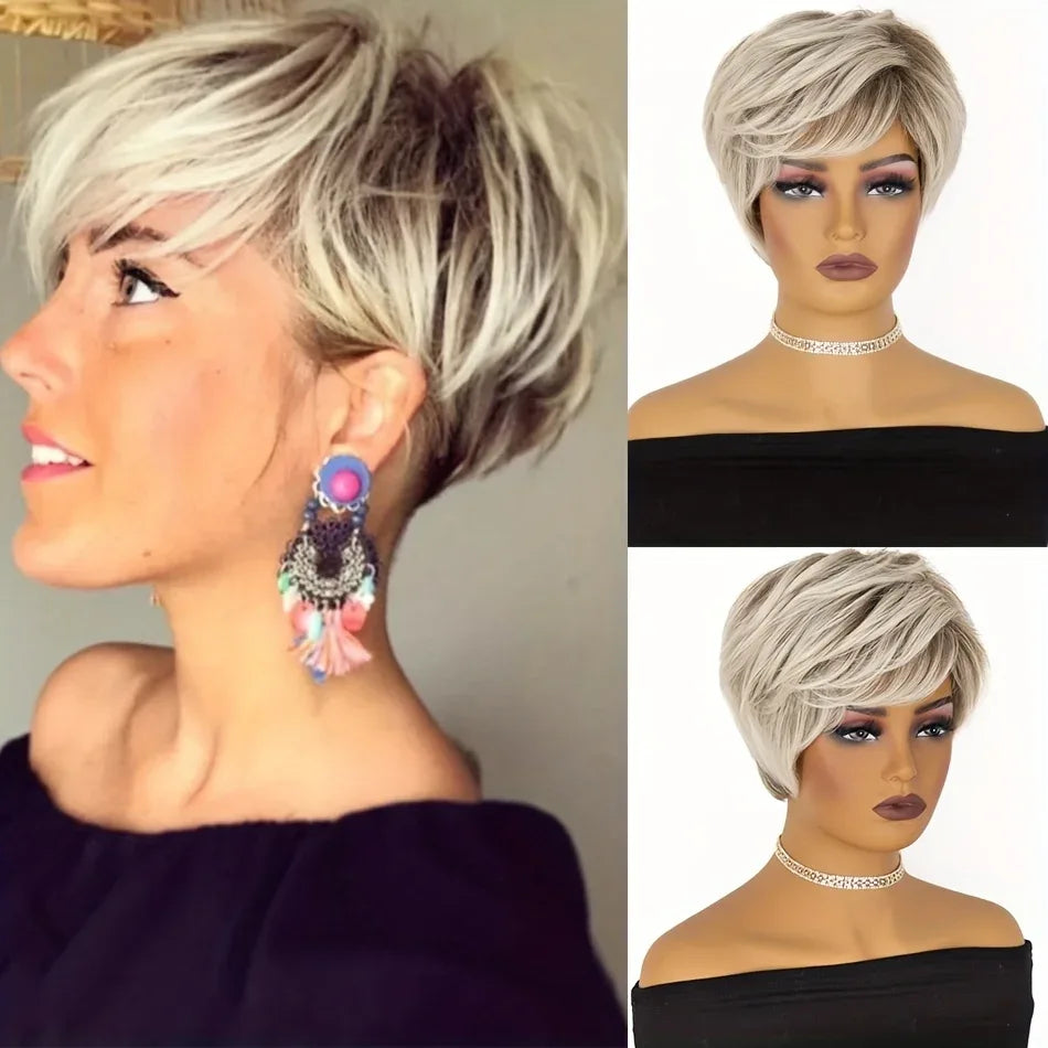Gray Short Wig for women Daily Wear - Off-White Elf Tailoring, Deep Root Layered Synthetic Fiber - Mixed grey / 4inches / 1pc