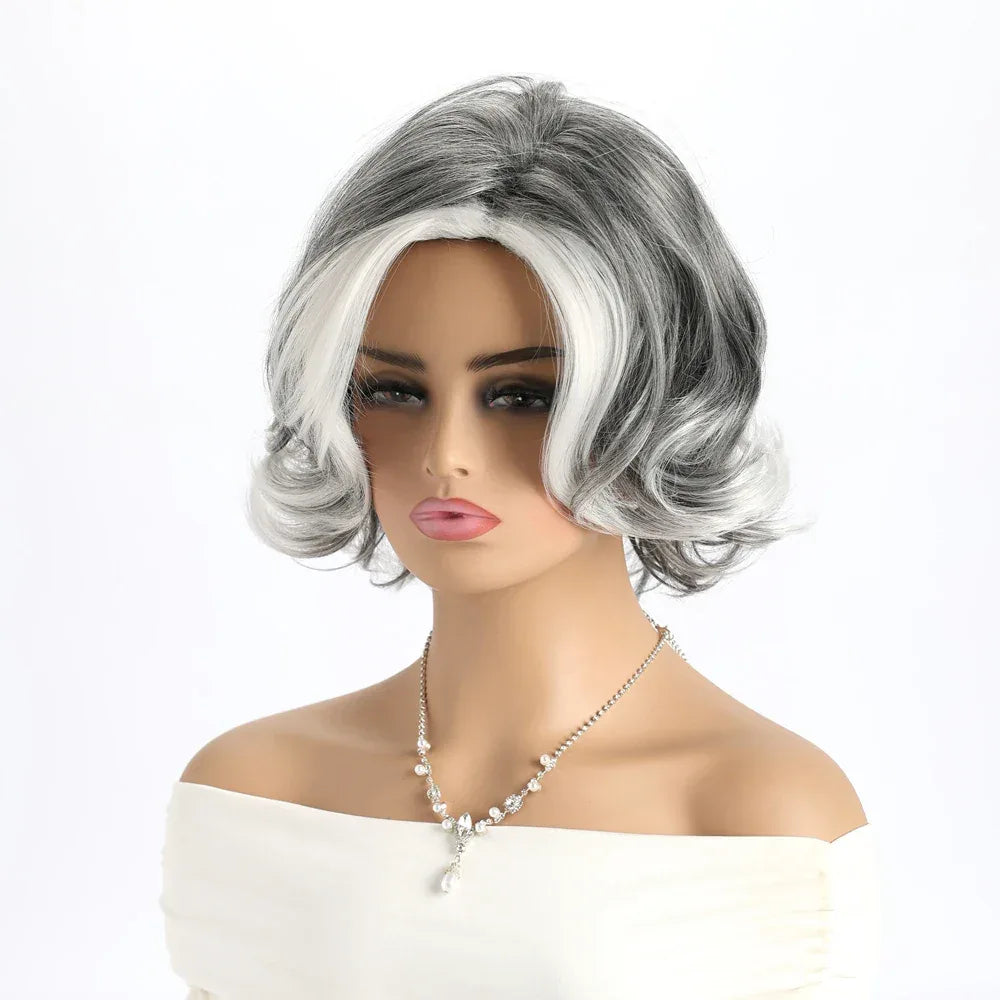 Short Grey Ombre Curly Wig with Bangs - Soft Mommy Hair for Daily Use and Costume Parties on a mannequin