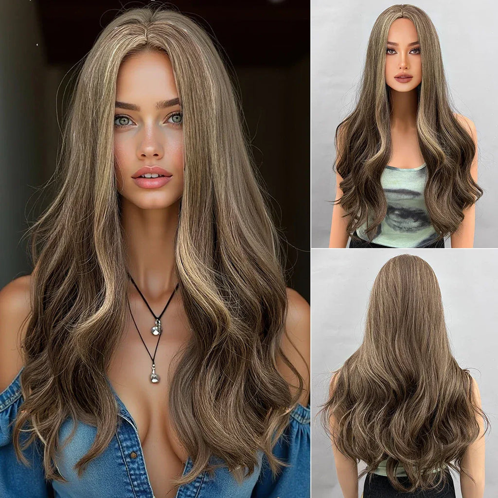 28 Inch Synthetic Wig Light Brown with Highlights - Long Wavy Hair for Everyday and Party Looks IC370 28inches See1eba37b273469089a148b8398629d68