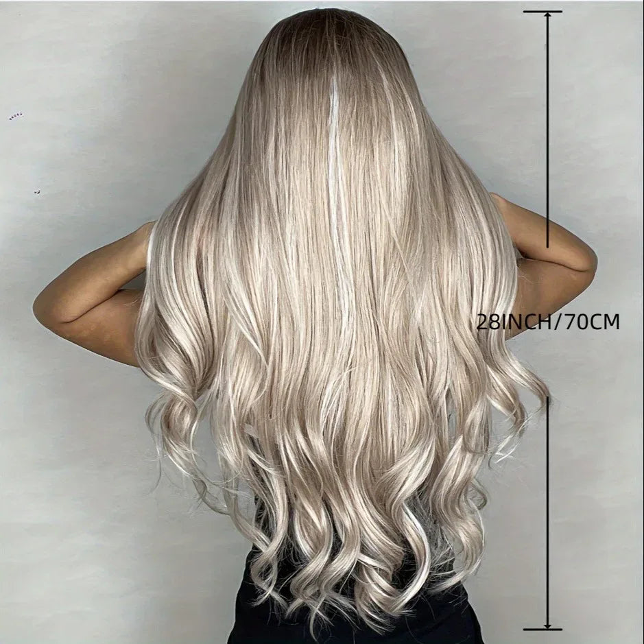 28 Inch Synthetic Wig Light Brown with Highlights - Long Wavy Hair for Everyday and Party Looks