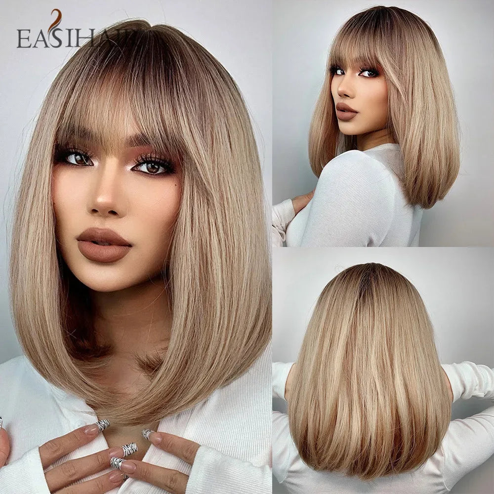 Synthetic Bob Wigs for Women - Short Straight Light Blonde Beige Natural Hair Wigs for Daily Cosplay, Heat Resistant - Wig-LC6082-1