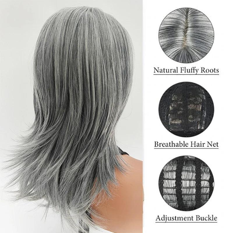 Silvery Gray Ombre Wig - Layered Short Wavy Bob with Curtain Bangs for Women - Natural Black / 22inches / 1pc