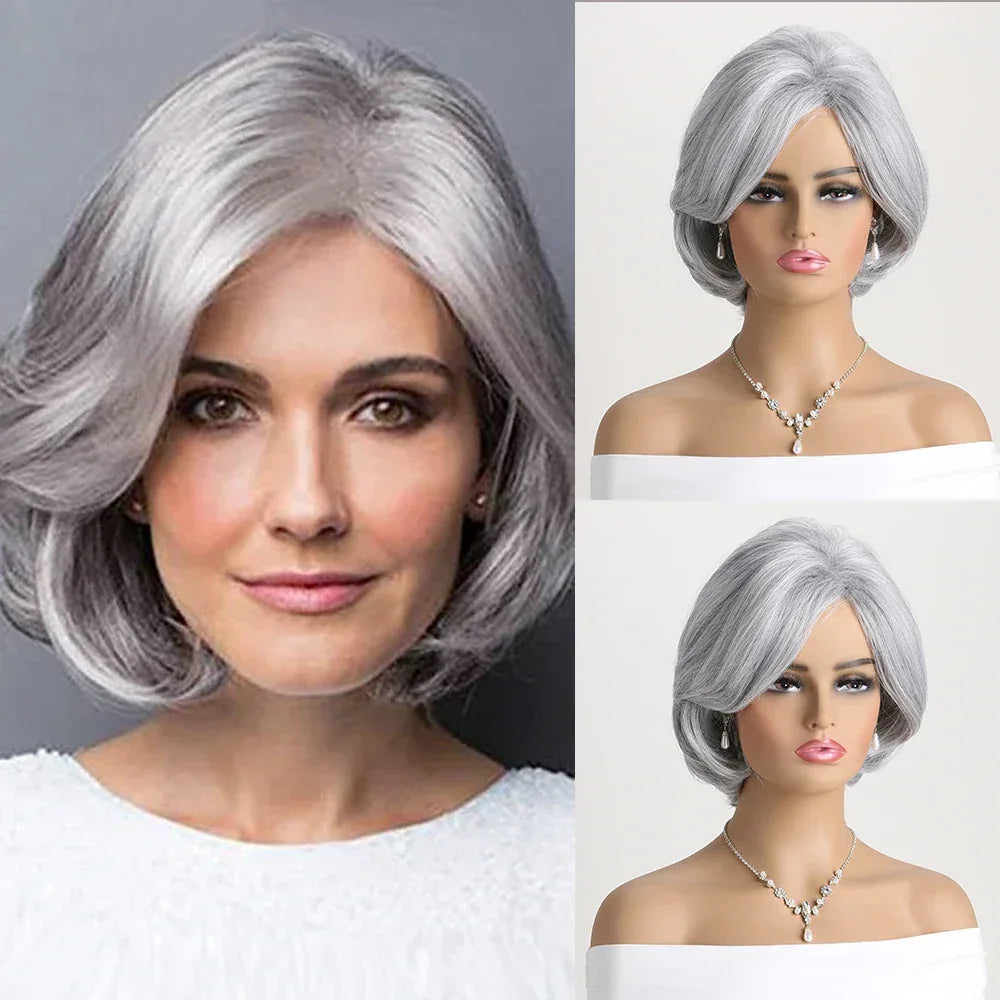 Short Grey Ombre Curly Wig with Bangs - Soft Mommy Hair for Daily Use and Costume Parties