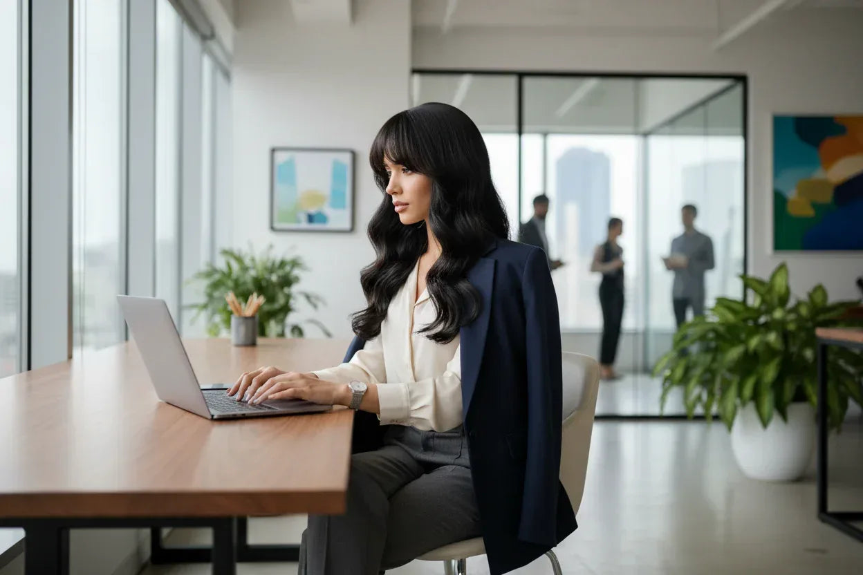 Silvery Gray Ombre Wig - Layered Medium-Length Wavy Hair with Curtain Bangs (22 inches) - 