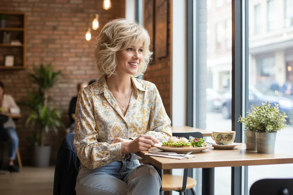 Short Natural Wigs with Bangs - Soft Brown Ombre Curly Synthetic Hair for Daily Use and Costume Parties - 