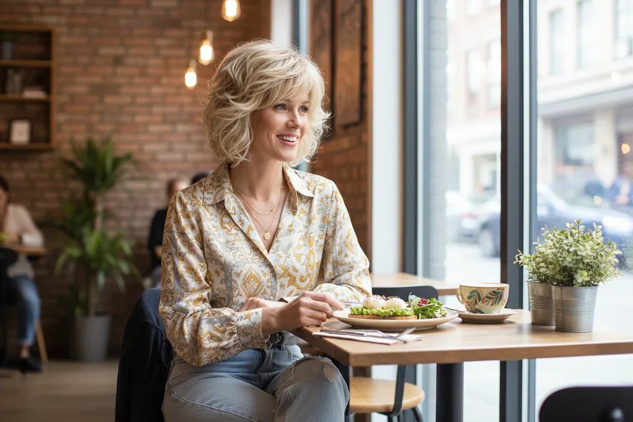 Short Natural Wigs with Bangs - Soft Brown Ombre Curly Synthetic Hair for Daily Use and Costume Parties - 