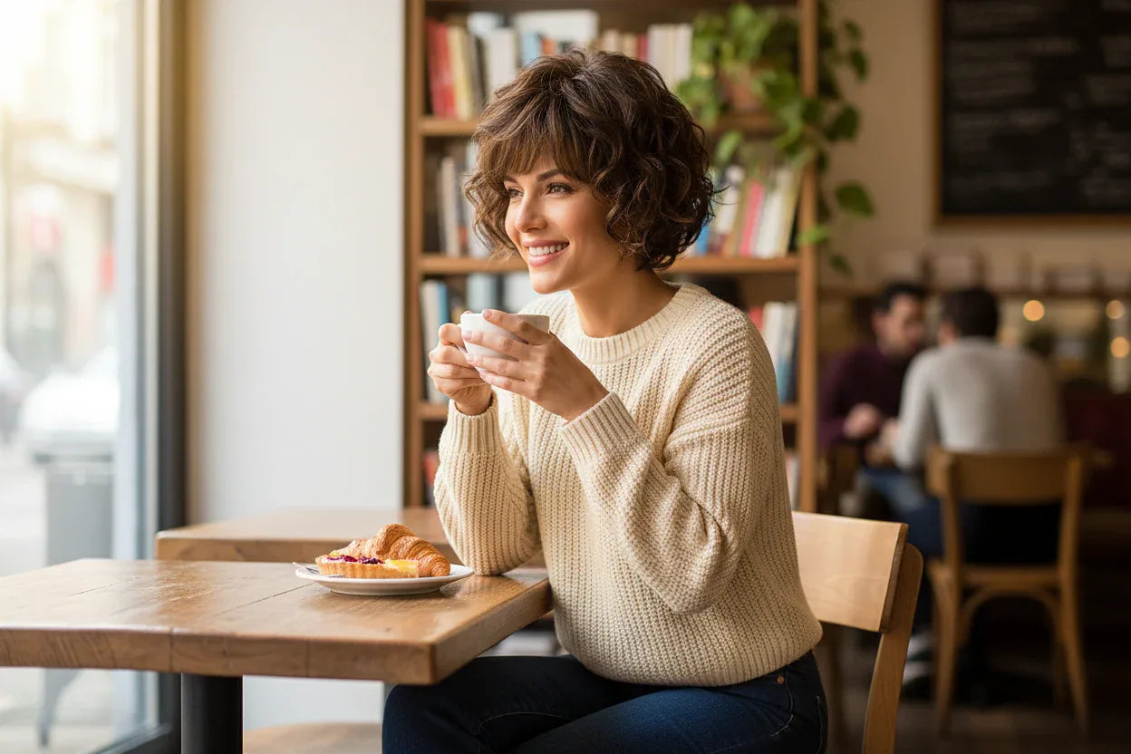 Short Natural Wigs with Bangs - Soft Brown Ombre Curly Synthetic Hair for Daily Use and Costume Parties - 