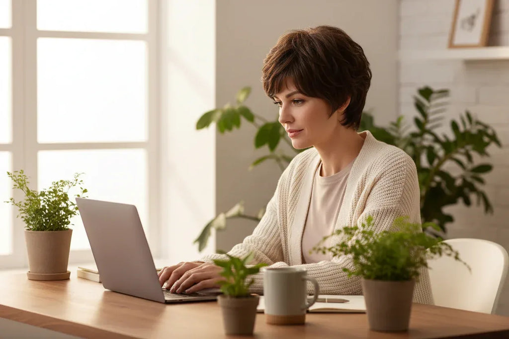 Short Natural Wigs with Bangs - Soft Brown Ombre Curly Synthetic Hair for Daily Use and Costume Parties - 