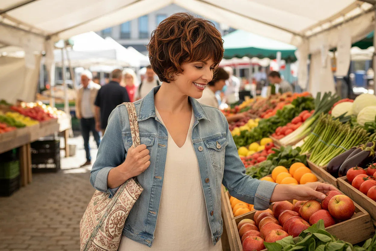 Short Natural Wigs with Bangs - Soft Brown Ombre Curly Synthetic Hair for Daily Use and Costume Parties - 