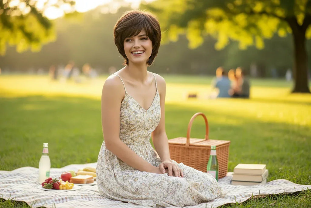 Short Natural Wigs with Bangs - Soft Brown Ombre Curly Synthetic Hair for Daily Use and Costume Parties - 