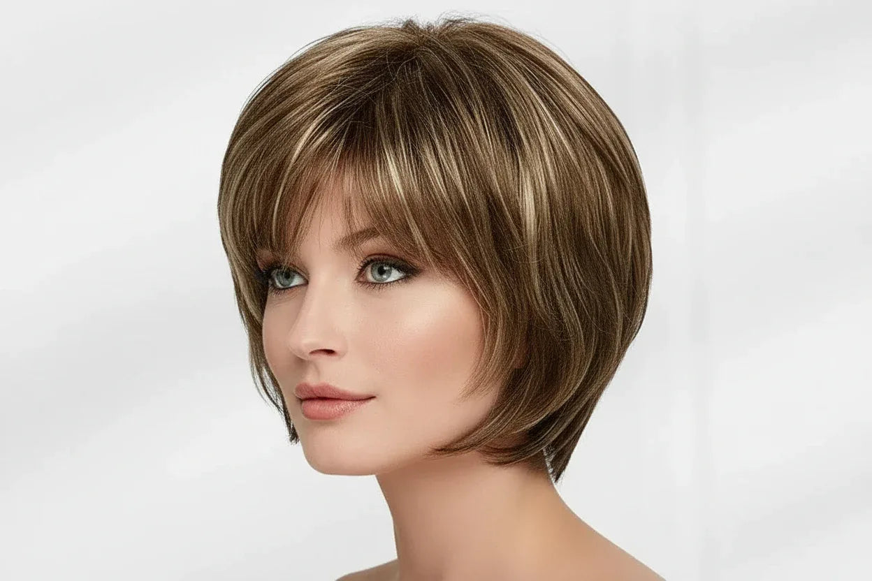 Brown Wig with Bangs Side View